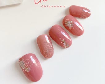 Dusty Rose Press On Nails, Guldfolie Glitter, Handgjort Brudnagelset