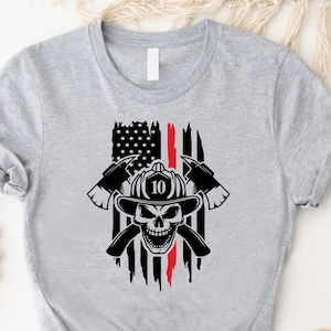 Thin Red Line American Flag Shirt,Custom Firefighter,Custom Fireman Tee,Firefighter Name Shirt,US Firefighter Skull Shirt,Firefighter Shirt