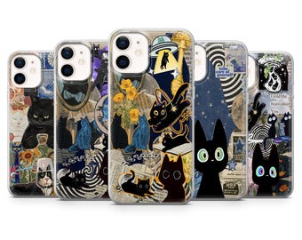 Black Cat Phone Case, Aesthetic Japan Kitty Art Cover for iPhone, Samsung, Google Pixel, Cute Cat Phone Protector, Stylish and Durable