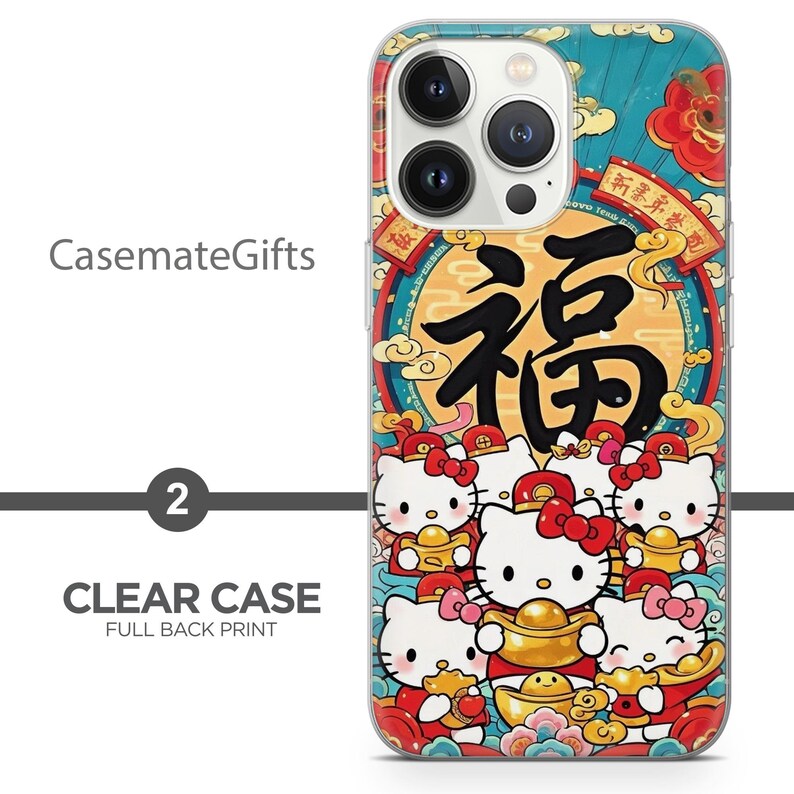 May include: Clear phone case with a full back print featuring Hello Kitty characters holding gold coins and ingots. The case has a colourful design with Chinese characters and the text "CasemateGifts" and "CLEAR CASE FULL BACK PRINT".