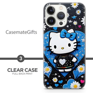May include: Clear phone case with a full back print featuring a cartoon cat with a blue bow, set against a blue heart and a starry black background. The case is decorated with white daisies and stars.