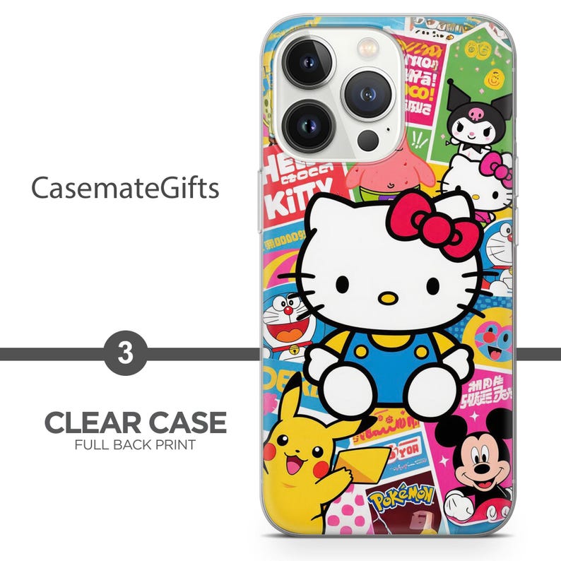 Puede incluir: Funda transparente para tel&eacute;fono con impresi&oacute;n completa en la parte trasera con Hello Kitty, Pikachu, Mickey Mouse y otros personajes de dibujos animados. La funda tiene un dise&ntilde;o colorido con el texto "CLEAR CASE" y "FULL BACK PRINT".