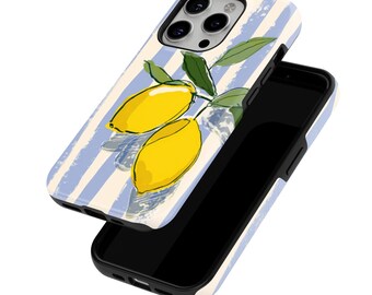 Lemon Stripes Phone Case: Italian Summer Print, Protective Dual Layer tough case