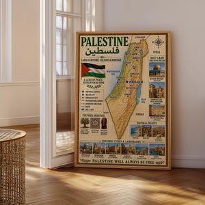 May include: A framed map of Palestine with the word "Palestine" in English and Arabic. The map includes a flag, landmarks, and the text "Palestine will always be free."
