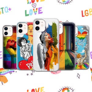 Puede incluir: Una colección de cinco fundas para iPhone con diseños artísticos y vibrantes. Las fundas presentan diversas ilustraciones, incluyendo un puño arcoíris, retratos y arte abstracto. Las fundas están adornadas con las palabras "LOVE" y "PRIDE DAY".