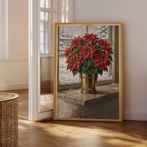 Vintage Poinsettia Plant Wall Art, Festive Red Flowers Poster, Winter Window Scene, Cozy Living Room Decor