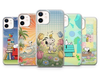 Funda de teléfono Spring Snoopy Woodstock Friends + Protector de pantalla, linda funda de dibujos animados para iPhone 14, 13, 12 y 11 Galaxy S21 FE Pixel 7