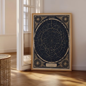 Vintage constellation map with navy background and golden constellations, featuring ornate compass roses and floral embellishments.