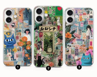 Funda de teléfono con collage de gato manga con estética verde japonesa para iPhone 17 Pro Max, 16e, 15, 14, 12, Samsung S25 Ultra, S24, A56, Pixel 10 XL, 9a, 8