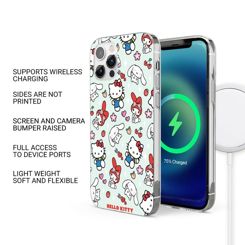 Puede incluir: Una funda transparente para tel&eacute;fono con un patr&oacute;n repetido de personajes de Hello Kitty sobre un fondo verde claro. La funda se muestra con un tel&eacute;fono que muestra una pantalla de carga. El texto en la funda dice "HELLO KITTY".
