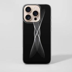 May include: Black smartphone case with a white, abstract, intersecting line design. The case has a clear border and a camera module with three lenses. The phone case is a sleek accessory.