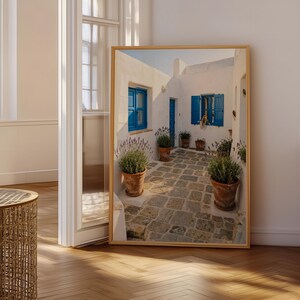 Mediterranean Courtyard Wall Art, Rustic Greek Village Scene, Blue Windows and Stone Path, Living Room Decor