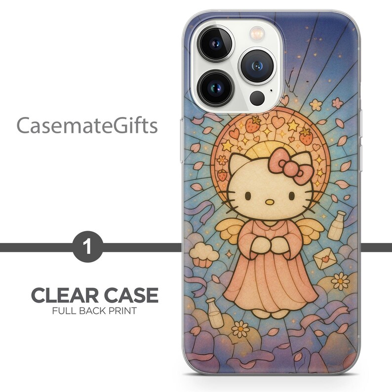 May include: Clear phone case with a full back print featuring a stained-glass design of Hello Kitty as an angel. The design includes a halo, wings, and a pink dress. The case has the text "CasemateGifts" and "CLEAR CASE FULL BACK PRINT".