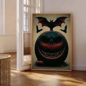 Gothic Jack-O'-Lantern and Bats Poster, Halloween Pumpkin Art, Dark Moody Decor, Living Room Wall Art