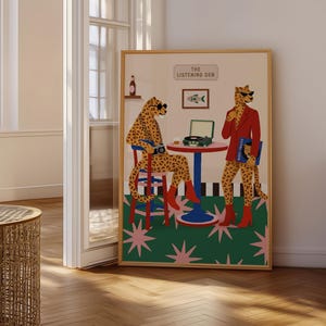 Retro Pop Art Cheetah Duo Poster, Playful Leopard Lounge, Colorful Animal Wall Art, Living Room Decor