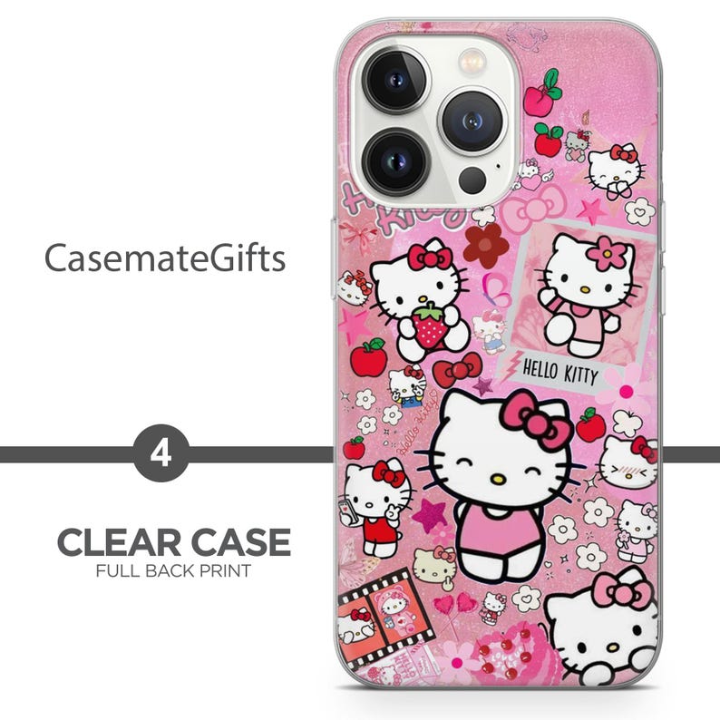 Puede incluir: Funda transparente para tel&eacute;fono con impresi&oacute;n completa en la parte posterior con personajes de Hello Kitty, fresas y lazos sobre un fondo rosa. La funda tiene el texto "Hello Kitty" y "CasemateGifts".