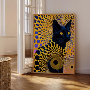 May include: A rectangular wall art print featuring a black cat with bright yellow eyes set against a vibrant background of swirling yellow and blue geometric patterns. The design incorporates concentric circles and radiating lines in a bold, high-contrast style.