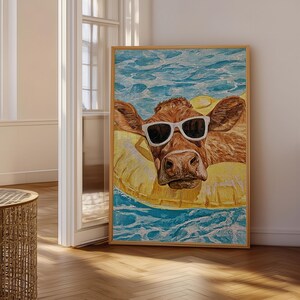 A painting of a cow wearing sunglasses, floating on a yellow pool float in blue water.