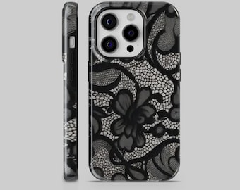 Vintage Lace tough or tpu Phone Case, Elegant Black Flower Design for iPhone & Samsung, Feminine Floral Protective Cover,