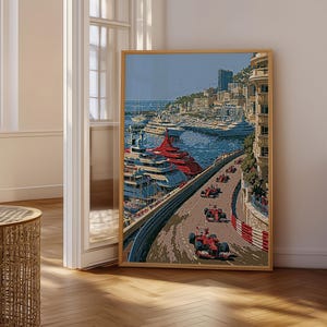 Vintage Racing Scene Wall Art, Formula 1 Monaco Grand Prix Poster, Dynamic Coastal Race Decor, Living Room Wall Art