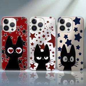 May include: Three phone cases with black cat illustrations. The first case is red with black stars and heart-shaped eyes. The second case is white with red stars. The third case is beige with blue stars and a surprised expression.