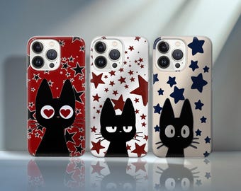Cat and Stars Phone Case Y2K Style, Astral Cat Design for iPhone, Samsung, Pixel, Trendy Glitter, Space, Kawaii