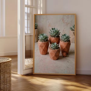 Modern Geometric Succulent Wall Art, Echeveria in Terracotta Pots, Earthy Decor, Living Room Wall Art