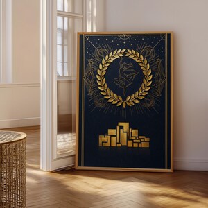 May include: A rectangular framed wall art piece featuring a dark navy blue background with gold foil accents. The design displays a central gold laurel wreath encircling a dancing figure, with geometric gold city skyline shapes at the bottom.