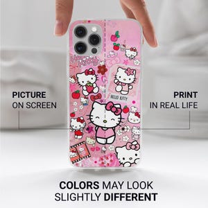 Puede incluir: Una funda de tel&eacute;fono rosa con personajes de Hello Kitty y varios gr&aacute;ficos relacionados. La funda tiene un borde transparente e incluye el texto "Hello Kitty", "Picture on Screen", "Print in Real Life" y "Colors May Look Slightly Different".