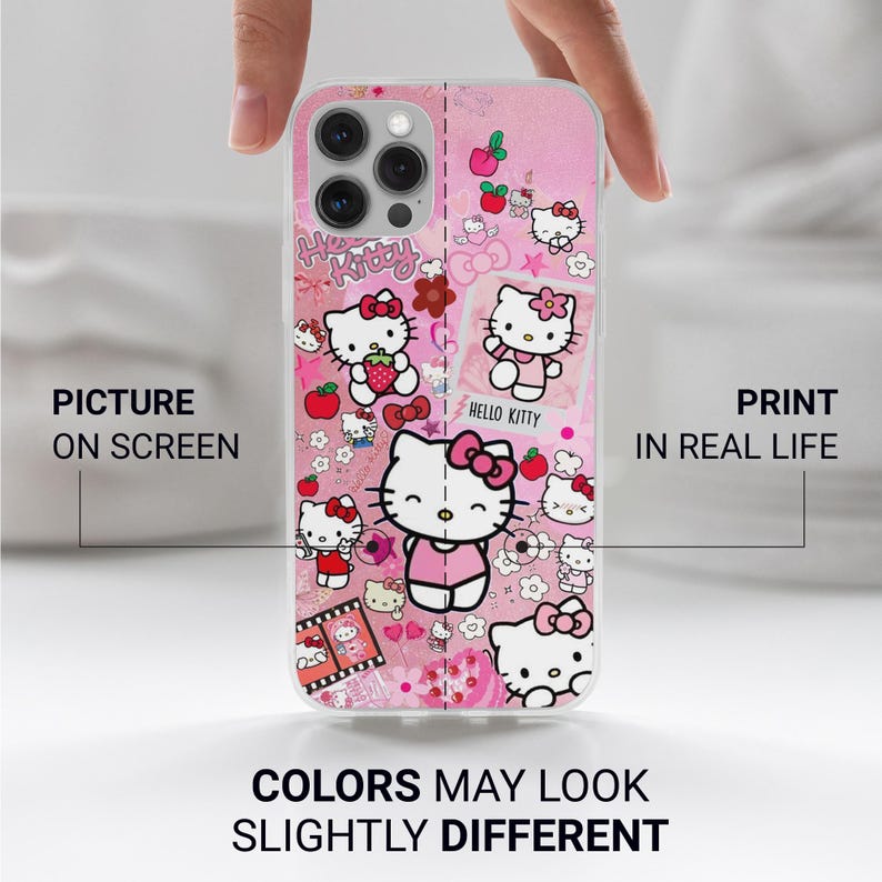 Puede incluir: Una funda de tel&eacute;fono rosa con personajes de Hello Kitty y varios gr&aacute;ficos relacionados. La funda tiene un borde transparente e incluye el texto "Hello Kitty", "Picture on Screen", "Print in Real Life" y "Colors May Look Slightly Different".