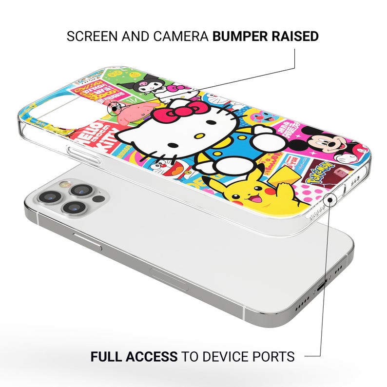 Puede incluir: Funda transparente para tel&eacute;fono con un dise&ntilde;o colorido con Hello Kitty, Pikachu y otros personajes de dibujos animados. La funda tiene bordes elevados para proteger la pantalla y la c&aacute;mara y acceso completo a los puertos del dispositivo.