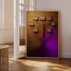May include: A framed artwork with a digital tree design in brown and purple hues. The tree features a network of lines and boxes, with a purple gradient at the base. The artwork is displayed in a room with natural light and wooden flooring.