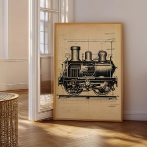 May include: A framed vintage blueprint of a steam locomotive. The black and white illustration shows the intricate details of the train's engine, wheels, and other components. The artwork is displayed in a room with natural light and hardwood floors.