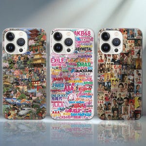 May include: Three phone cases with unique designs. One case features a collage of Japanese imagery, another has a colorful text design with band names, and the third displays a collage of faces. Each case has a camera cutout.