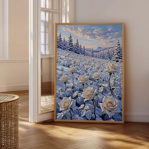 Impressionistisch winterlandschap met rozen, poster met sneeuwwitte rozen, serene bergdecoratie, kunst voor de woonkamer