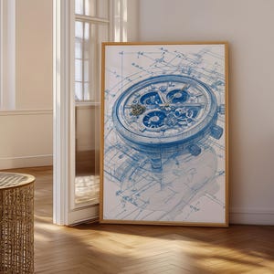 May include: A framed print featuring a detailed blue blueprint of a wristwatch. The watch design is rendered in intricate detail, showcasing the internal mechanisms and gears. The artwork is set against a white background, with a wooden frame.