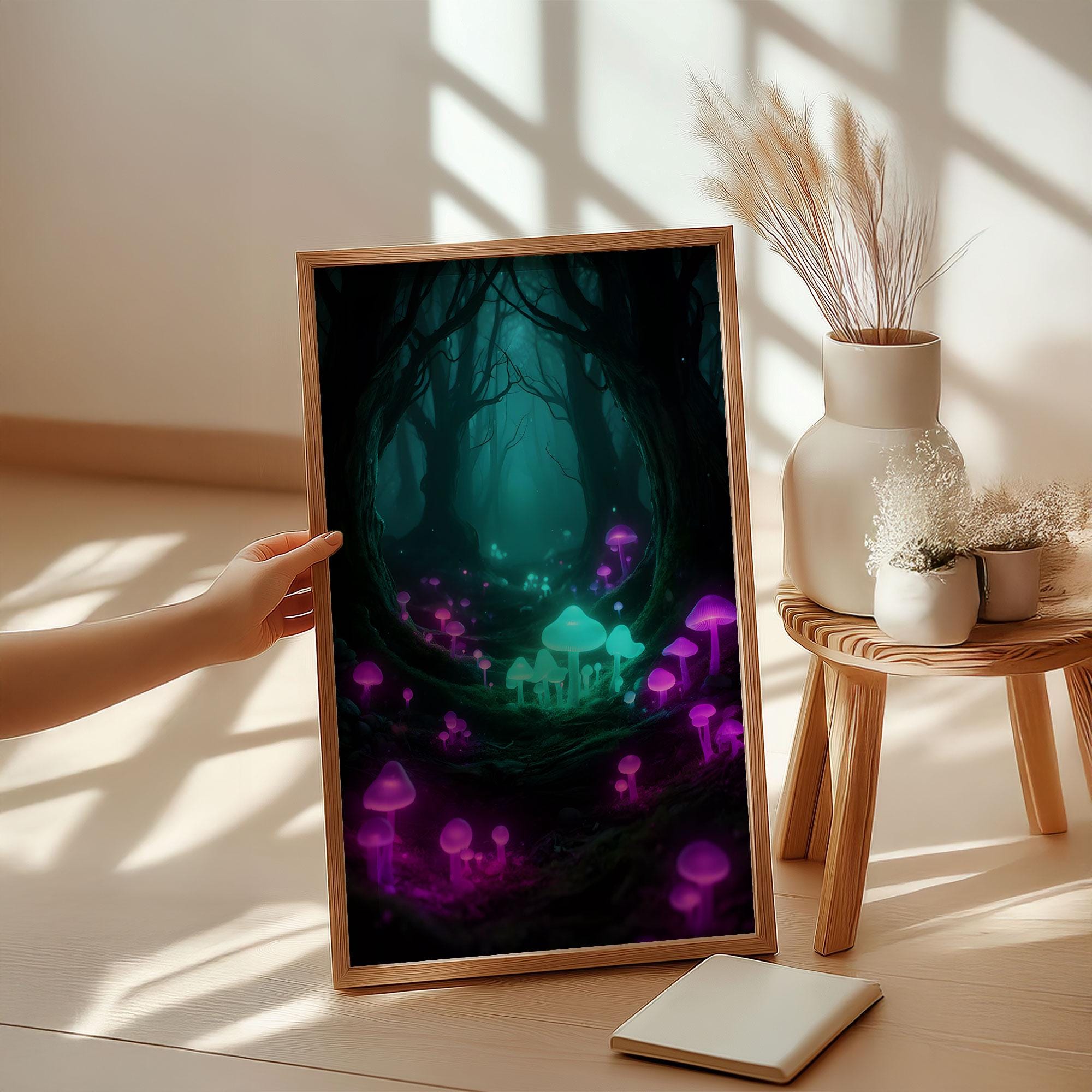 Enchanted Forest Pathway - Glowing Neon Mushrooms in Mystical Woods ...