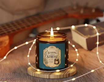 Bougie de soja Burning Stress, étiquette vintage | Pot ambré