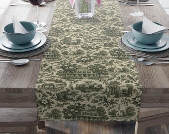 Chemin de table vintage à motif toile de Jouy, style sudiste, pour Thanksgiving, en coton ou polyester vert cottage.