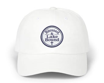 Blessed & Lake Bound Dad Cap | Embroidered Circle Logo, White Baseball Hat