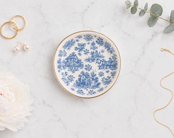 Plateau à bijoux en céramique bleu toile style ferme | Scène champêtre vintage