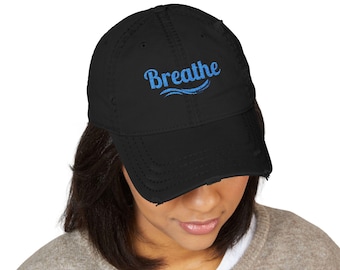 Embroidered "Breathe" Distressed Hat, Mental Health Motivation, Unisex Baseball Cap, Distressed Design, Breathable Headwear