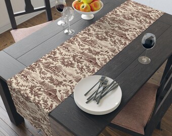 Chemin de table vintage motif cabane en toile de Jouy | Mélange coton-polyester, imprimé paysage forestier