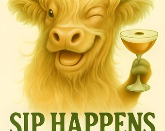 Impresión de Espresso Martini de Vaca de las Tierras Altas: Decoración de Bar Moderna (Descarga Digital)