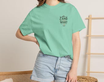 Camp More Worry Less T-shirt | Camping Mountains Pine Trees Design