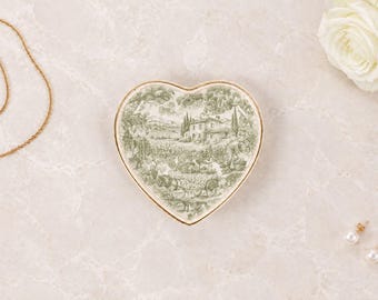 Plateau à bijoux vintage en céramique motif toile de vigne | Décor champêtre sauge