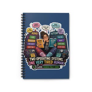 May include: A spiral-bound notebook with a dark blue cover featuring a graphic of a person sitting between two control panels labeled ADHD and AUTISM. The text reads: TWO OPERATING SYSTEMS, ONE VERY TIRED HUMAN. AuDHD: DIAGNOSIS FINALLY LOADED.