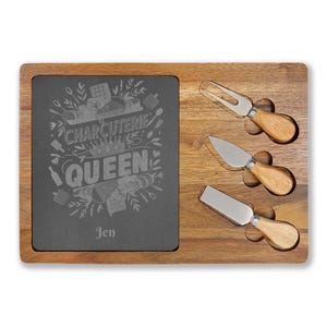 Charcuterie Queen engraved Board | Acacia wood cheese board with slate inset