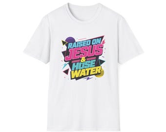T-shirt « Élevé dans la foi chrétienne » | Graphisme rétro néon sur la foi chrétienne