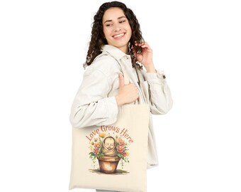 Bolsa de lona de algodón "Love Grows Here": bolsa de compras ecológica con estampado floral